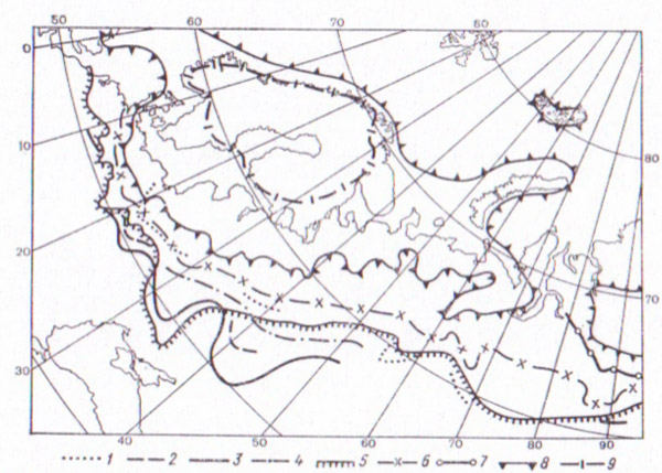 Предполагаемые границы ледниковых щитов плейстоцена в Западной Евразии( по В.А. Зубакову): 1- сетуньское оледенение; 2 - липецкое; 3 - донское; 4 - окское; 5 - днепровское (московское); 6 - калининское; 7 - ермаковское; 8 - валдайское; 9- поздний дриас.