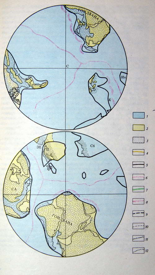 Положение литосферных плит и срединно-океанических хребтов в  кембрийском периоде.