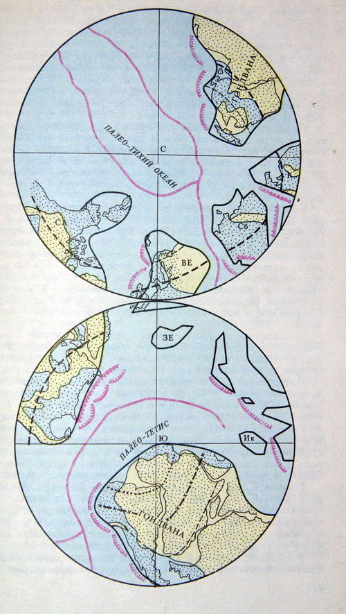 Положение литосферных плит и срединно-океанических хребтов в  ордовикском периоде.