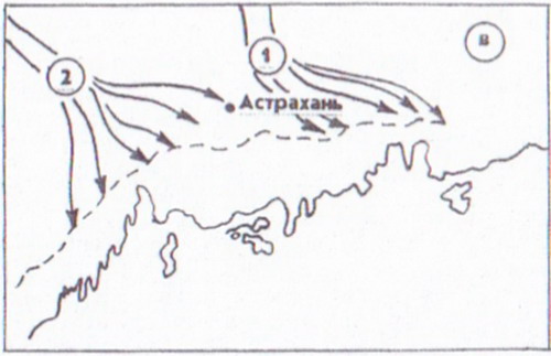 В заключительную регрессию позднехвалынского моря, когда образовывались бэровские бугры, продолжали существовать Волго-Ахтубинская (1) и  Сарпинско-Даванская (2) древние долины.
