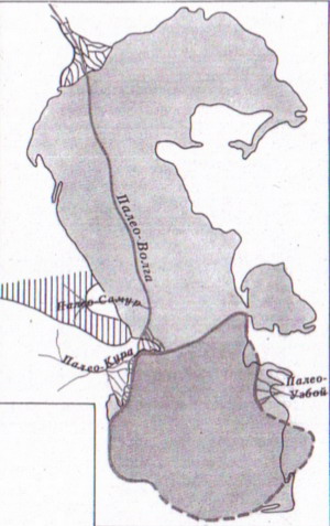 Карта конца века продктивной толщи (по В.П. Батурину). Более интенсивная окраска соответствует границам Каспия того времени.