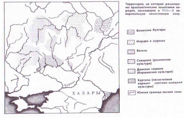 Территории, на которых размещены археологические памятники народов, населявших в VIII - X вв. европейскую лесостепную зону.