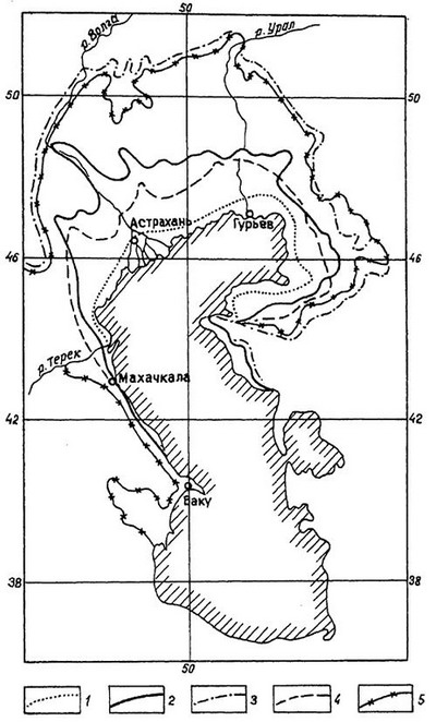 Границы распространения морских трансгрессий в Прикаспийской впадине: 1 - новокаспийской; 2 - позднехвалынской; 3 - раннехвалынской (максимальной); 4 - позднехазарской; 5 - раннехазарской