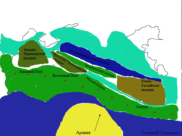 Конец эоцена, 35 миллионов лет назад. Завершение поглощения коры океана Тетис. Приближение Афро-Аравии