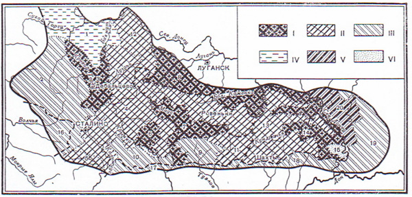 Схема группировки физико-географических подрайонов Донецкого кряжа по преобладающим типам рельефа междуречий и долин.